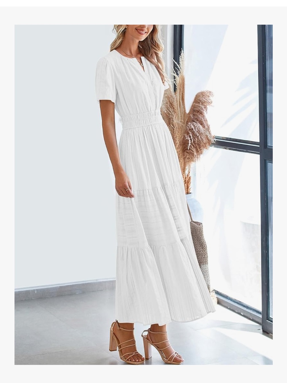 Smocked-Waist White Maxi Dress with Short Sleeves, pockets - Picture 4 of 9